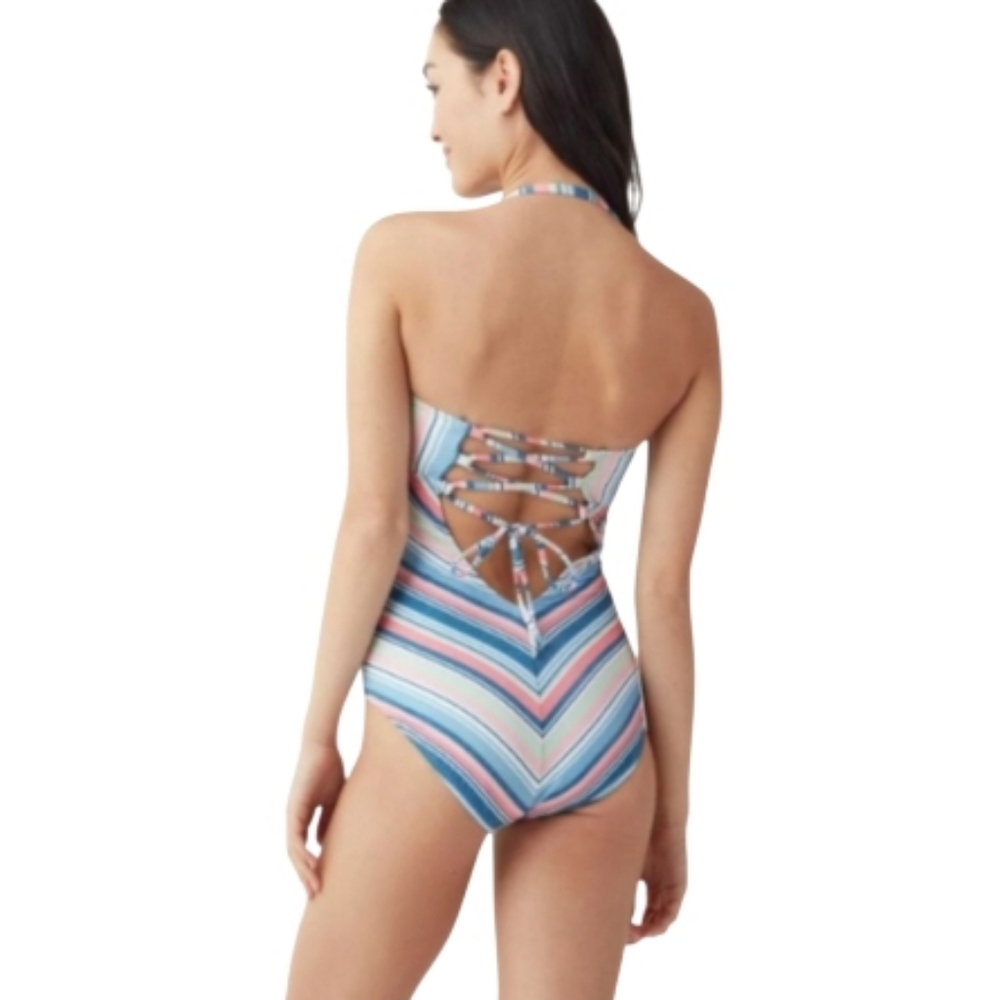 Splendid~Pink & Blue Pastel Stripe One-Piece Swimsuit – Crisscross Tie Back, L